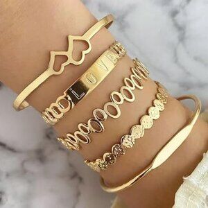 14k Gold Plated Multi Layer Stackable Cuff Bracelet Gold Bangle Bracelet Set